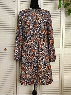 NWT - LOFT Navy Rust Paisley Long Sleeve Dress Size L